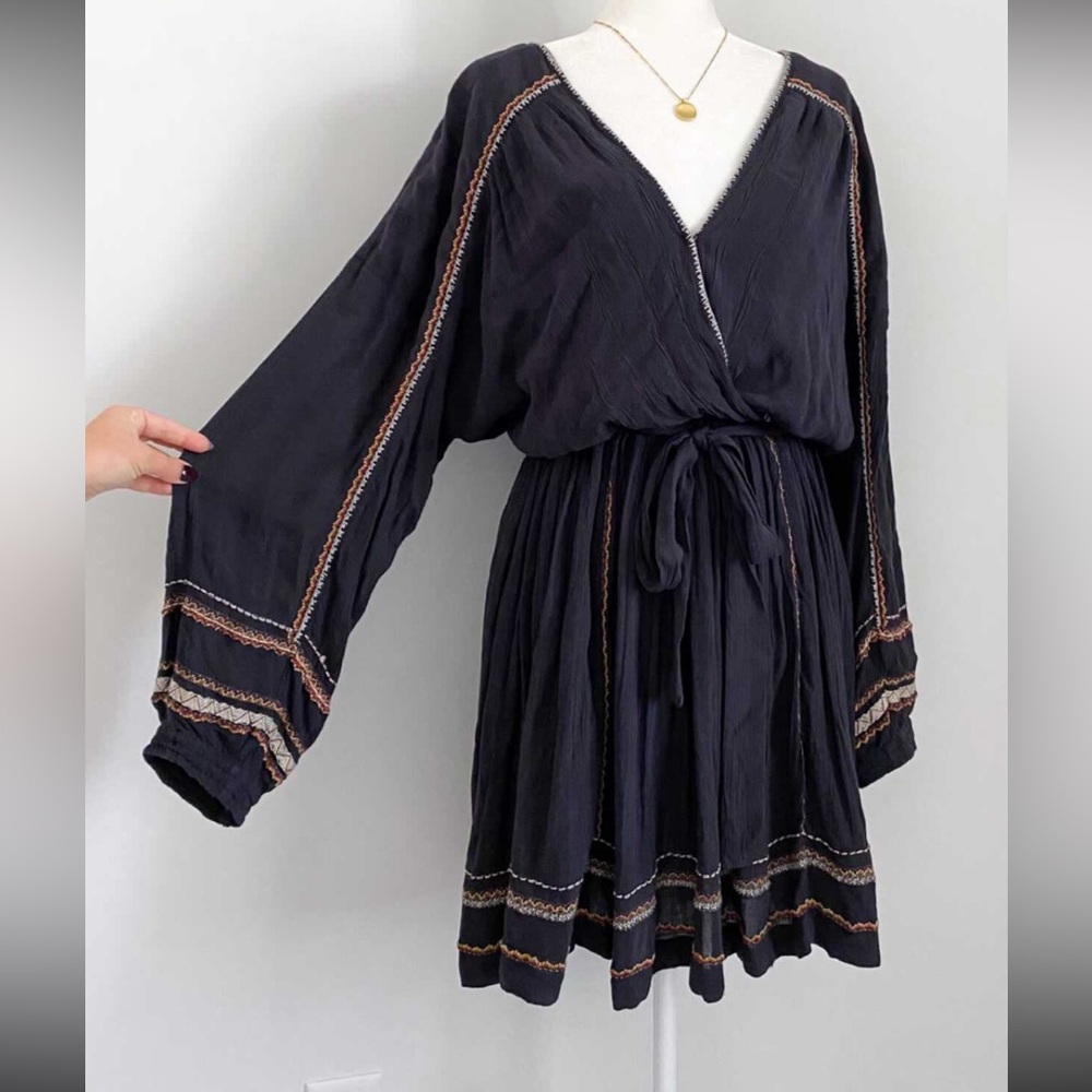 Free People "Delilah" Embroidered Boho Dress - Navy